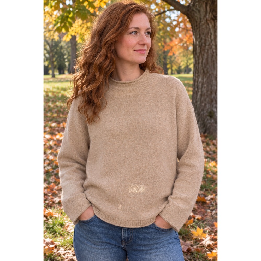 J.Crew Cashmere Mock Neck Sweater Womens Small Tan Relaxed Fit Repaired